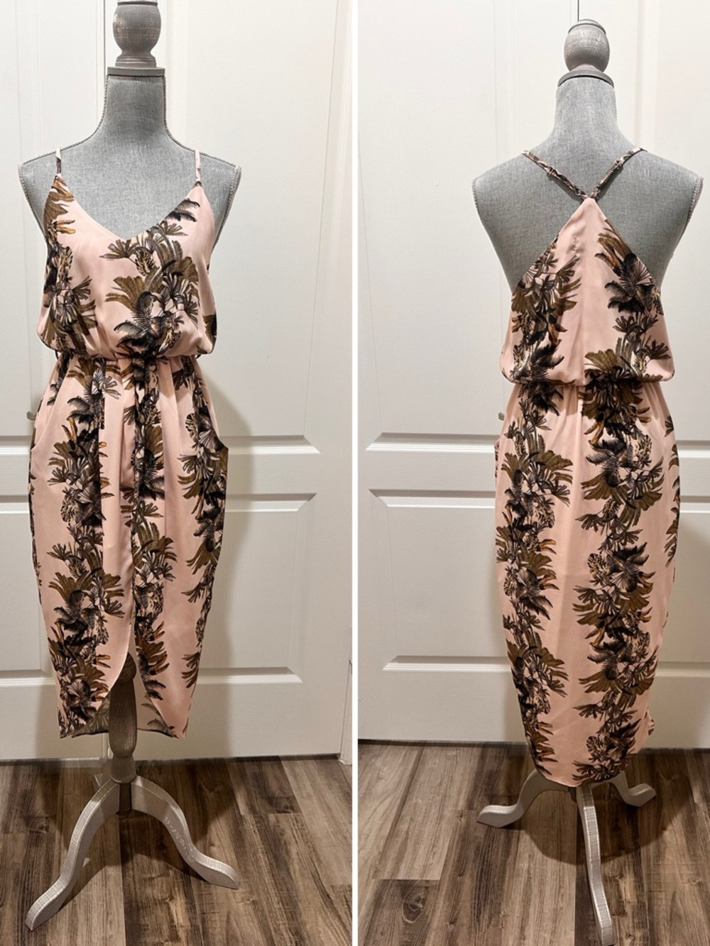 Etiquette Sleeveless Pink Floral Midi Dress with Tie Waist S